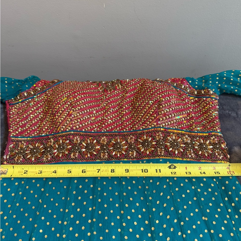 Pakistani Indian Teal and maroon Red Embellished Dress - Picture 9 of 16